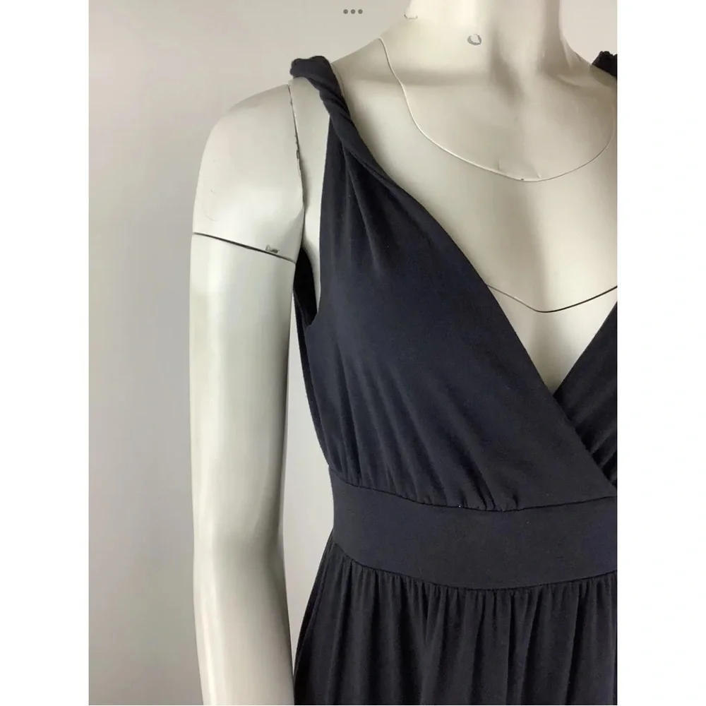 Garnet Hill Sz XS Twist Arm Maxi Dress Navy Blue Cotton Rayon V Neck Pullover